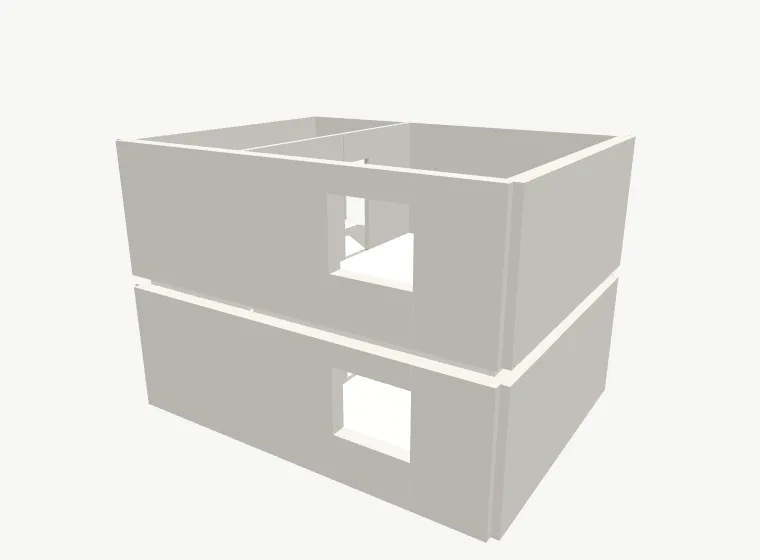 3D-Modell aus zwei gestapelten Geschossen, gebaut aus synthetischen Plänen