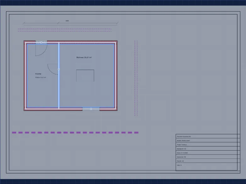 Synthetischer CAD-PDF-Grundriss mit Wänden, Türen und Räumen, die aus seinen Linien erkannt wurden