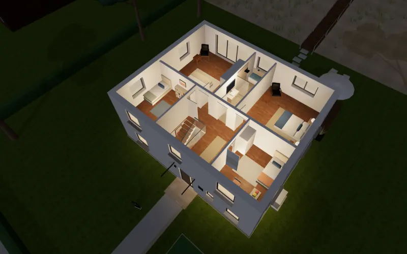 Haus am Meer at night with the roof lifted off: warm light in every room of the upper floor, seen from above in the 3D demo