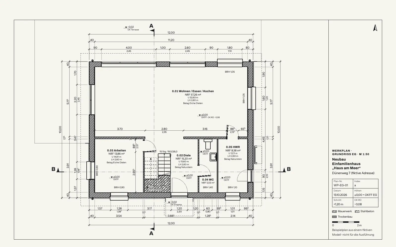 Ground floor plan of the example house as a working drawing at 1:50: hatched walls, dimension chains, room stamps, stair and levels.