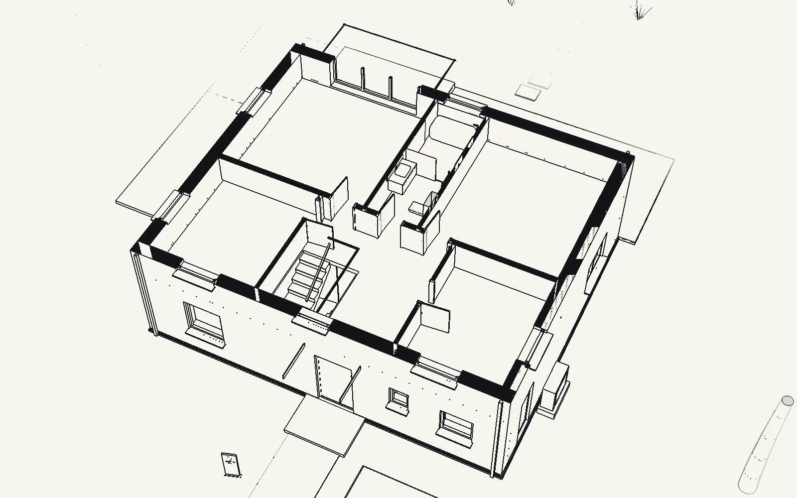 The cut rises and the walls of the house grow out of the plan.