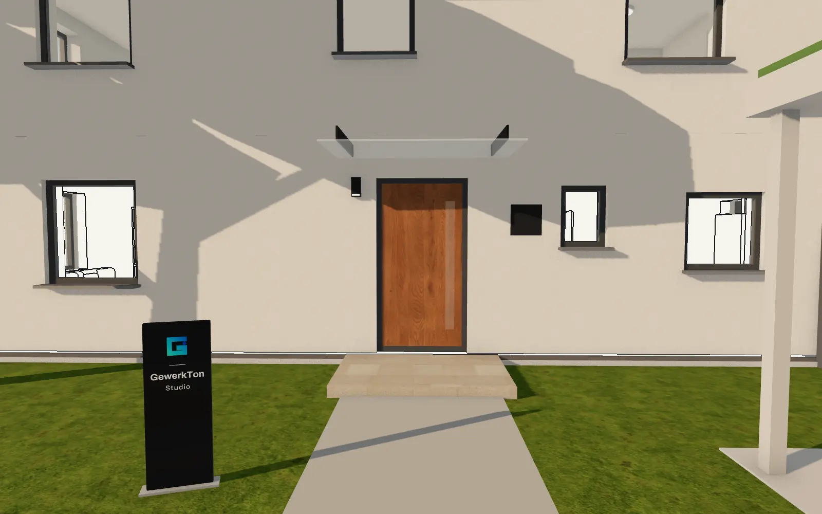 Street view of the house; materials sweep across the facade.