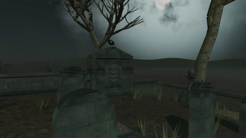 The old family tomb in the garden, overgrown and lit by the moon