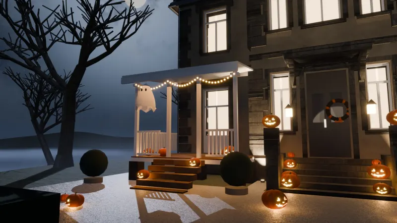 The renovated veranda with lanterns and pumpkins
