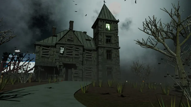 The villa on its foggy hillside, lit by a flash of lightning